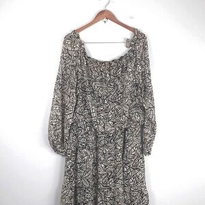 Metrostyle Palm Print Black Tan Boho Cottagecore Milkmaid Midi Long Sleeve Dress
